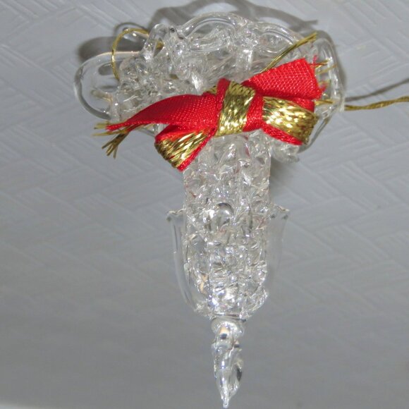Vtg Clear Spun Glass Crystal Chamberstick w/Candle & Flame Hanging XMAS Ornament - Picture 8 of 13